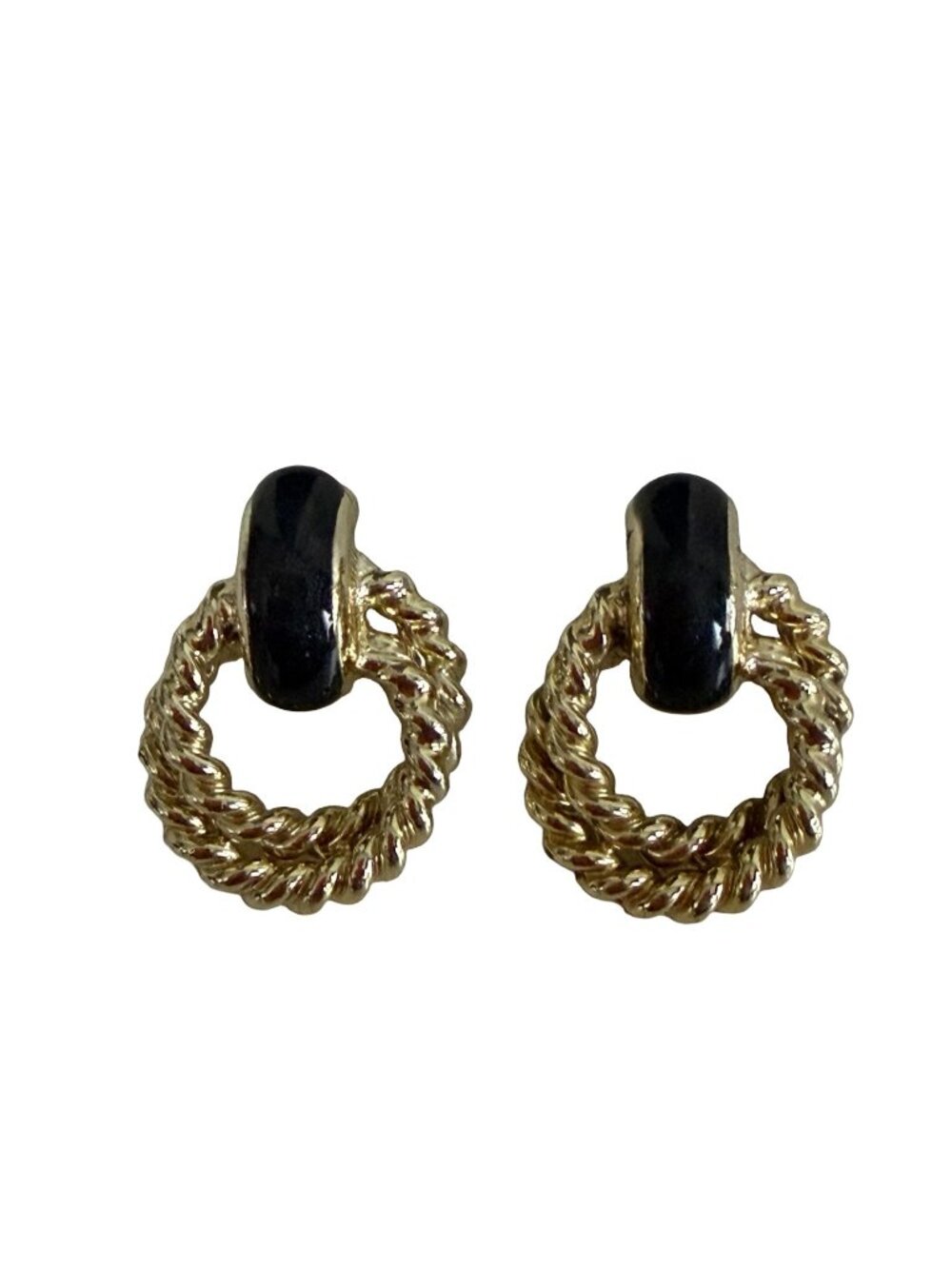 Vintage Gold Tone Black Enamel Door Knocker Earrings Twisted Rope Statement